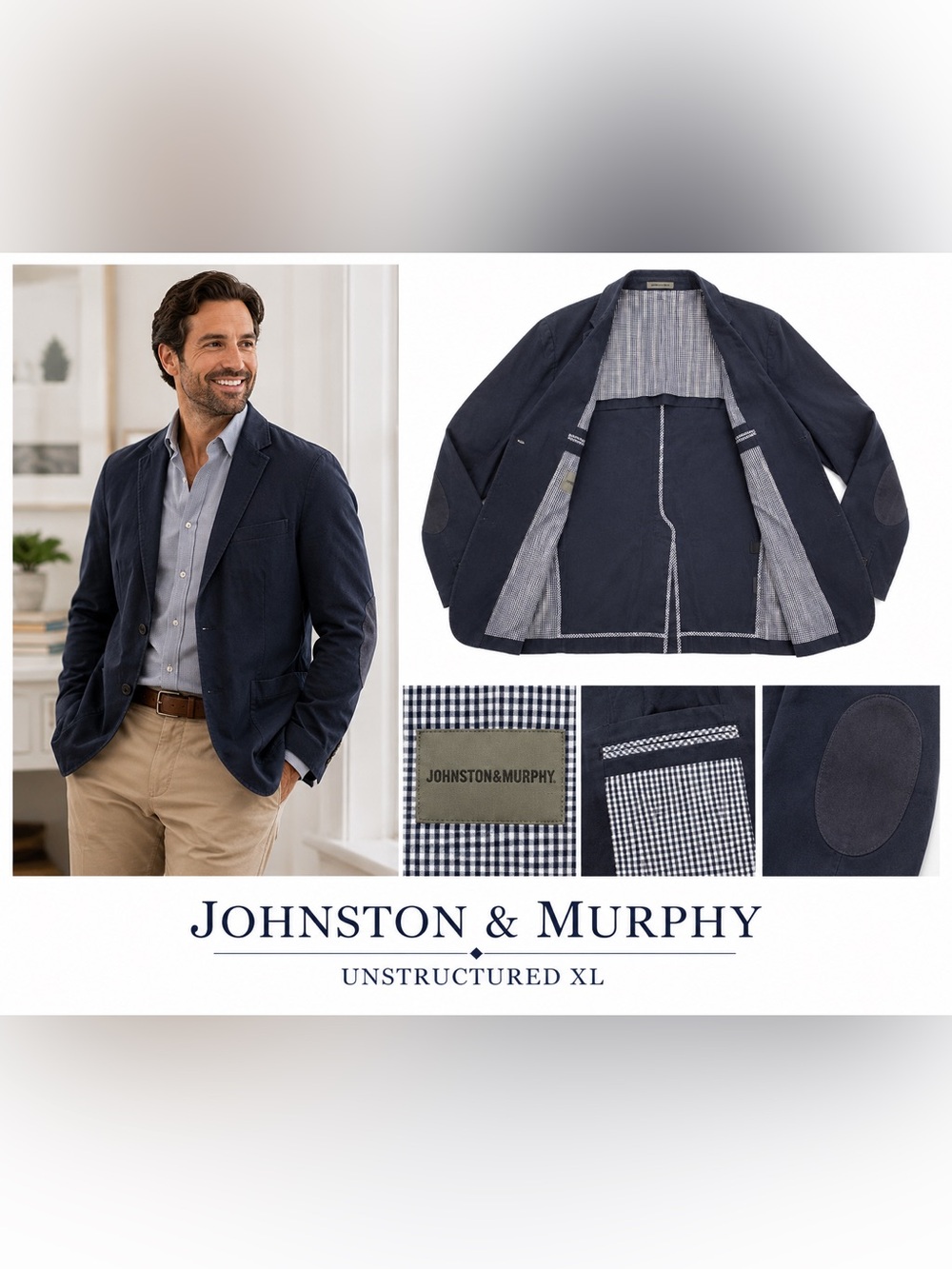 Johnston & Murphy XL Navy Casual Sport Coat Blazer Elbow Patches Cotton Blend